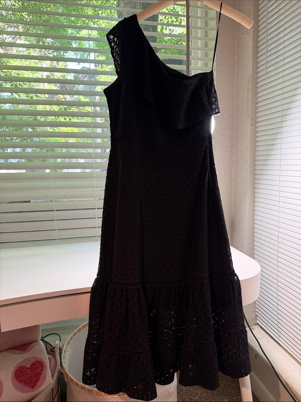 Banana Republic Black One-Shoulder Ruffle Midi Eyelet Dress